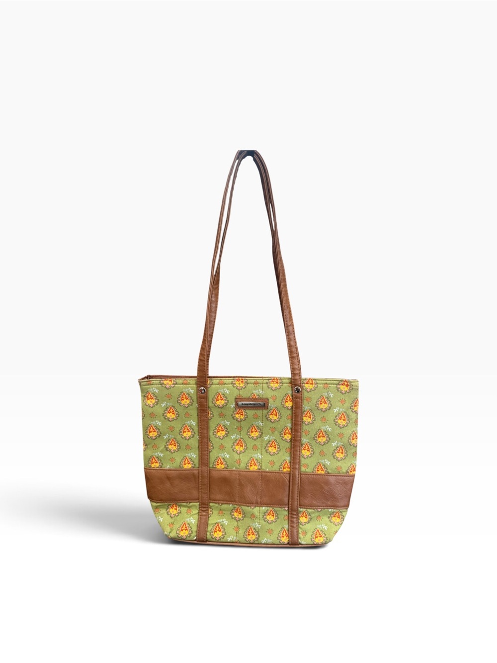 Longaberger Green Floral Tote with Brown Trim and Straps